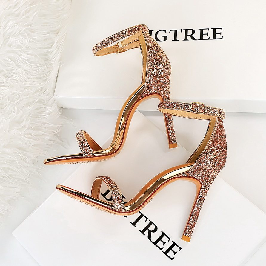 高跟鞋女细跟2025年夏季新款网红一字带气质亮片仙女爆款露趾凉鞋,淘宝优惠券,粉丝福利购,淘宝优惠卷