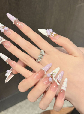 紫色郁金香花束手绘波点穿戴甲