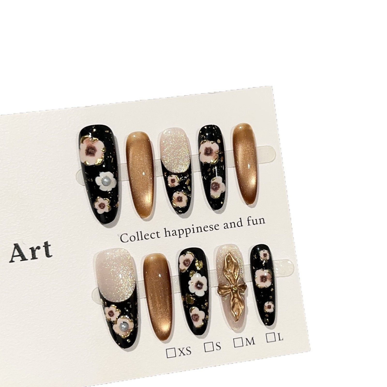 黑金小花穿戴甲高级感长款可拆卸显白2025新年款甜酷辣妹小众猫眼,淘宝优惠券,粉丝福利购,淘宝优惠卷