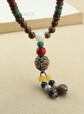 2025简约民族风毛衣链男女百搭木质佛珠长款项链复古棉麻衣服配饰