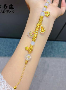 新中式国潮风沙金点钻转动葫芦白色玛瑙平安扣盘缠手链女原创设计