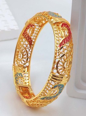 2025迪拜新娘印度合金镀沙金镯子名媛开口卡扣滴油彩色宫廷风手环