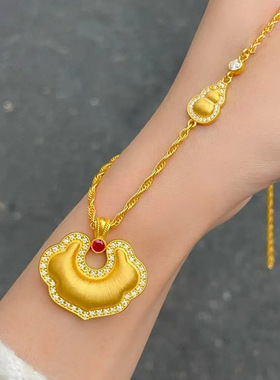 2025新款古法沙金拉丝平安锁吊坠鎏金轻奢高级感久不掉色镂空项链