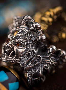 国朝藏传大黑天金刚杵吊坠黄铜镀银圆桶象鼻天珠霸气文玩挂件