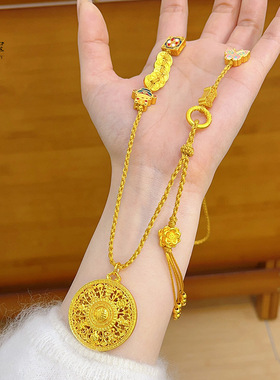 金店同款沙金花丝八宝罗盘吊坠项链五帝钱小财神莲花流苏毛衣