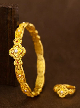 2025新款古法珐琅吉祥如意珍珠花丝黄金色手镯复古时尚轻奢手环女