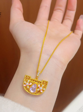 沙金镂空豆蔻紫葫芦锁包项链黄金色福禄花朵锁骨链时尚复古衣链女