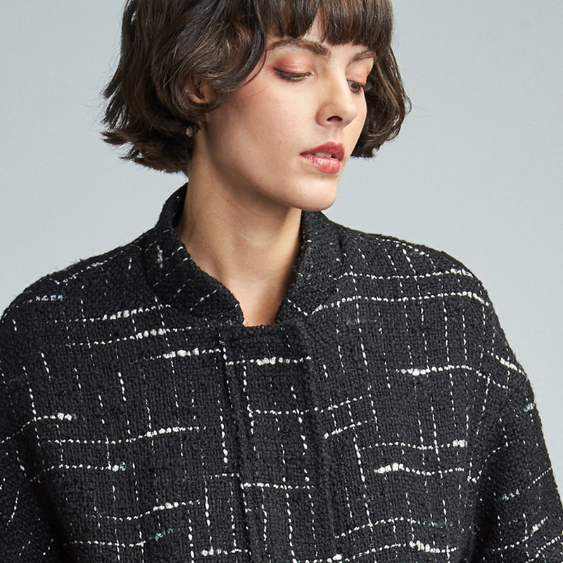 艾格冬季女装时尚百搭宽松短款格子 艾格银座短外套