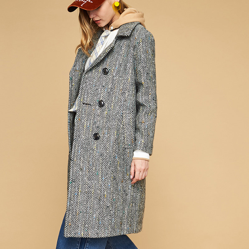 艾格冬季女装休闲西装领毛呢大衣 艾格银座毛呢外套