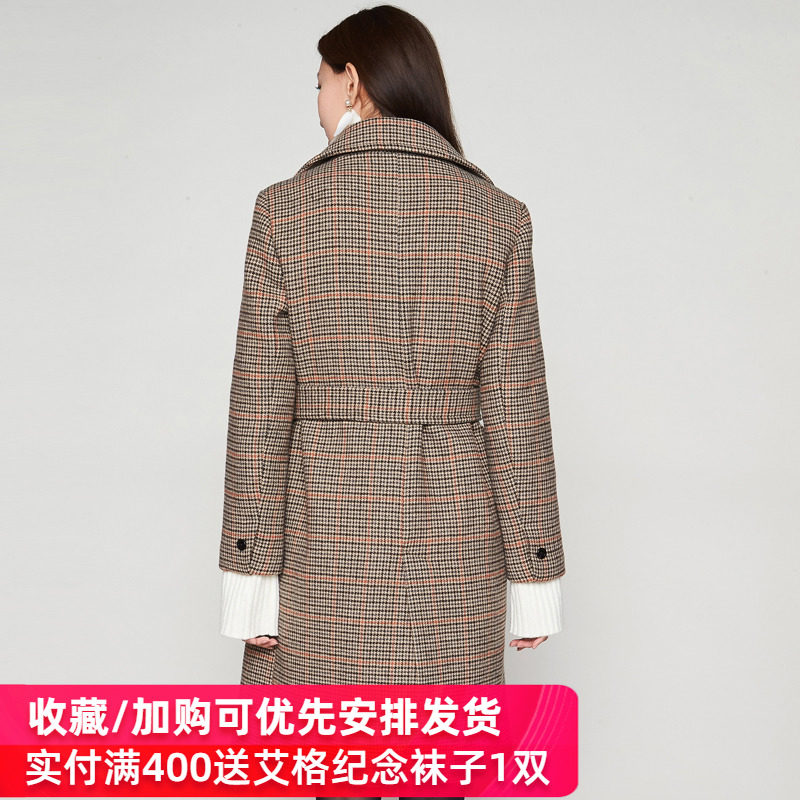 艾格官方旗舰店秋季新品千鸟格大衣 艾格银座毛呢外套