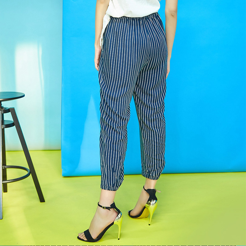 艾格高腰宽松薄款条纹哈伦九分裤 艾格银座休闲裤