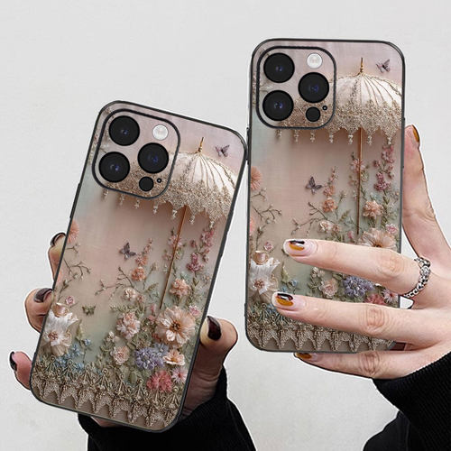 蝶羽花伞适用苹果17promax手机壳新款iPhone16pro套15plus复古轻奢风ip13pm硅胶防摔12por全包11p带手绳14女 - 图1