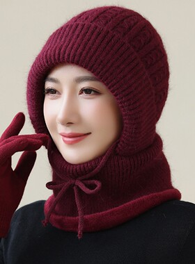 时尚加绒加厚帽子女冬天多功能户外骑行护耳保暖防寒针织帽连体帽