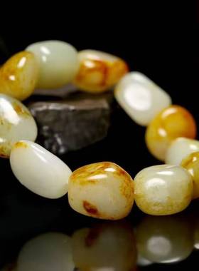 白玉黄沁皮籽料原石手串手链