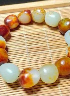 枣红皮白玉籽料原石手串手链