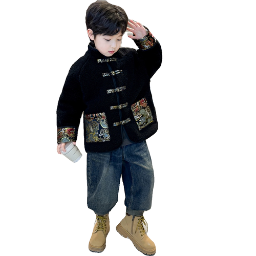 男童毛毛衣24冬装新款儿童国潮汉服唐装中大童男孩棉衣外套拜年服 - 图3
