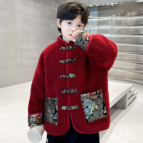 男童毛毛衣24冬装新款儿童国潮汉服唐装中大童男孩棉衣外套拜年服 - 图2