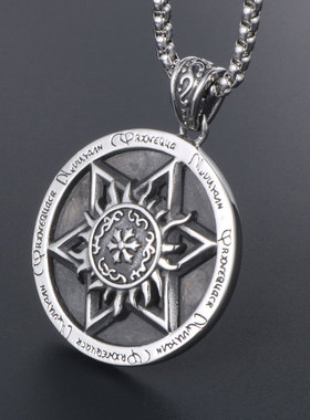 钛钢复古六芒星座太阳神圆牌项链