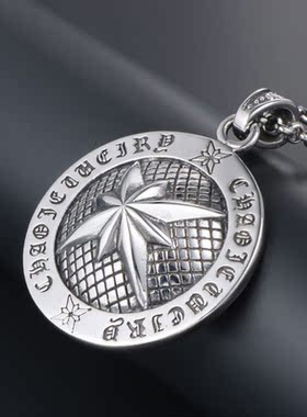 AH7钛钢圆形大米花吊坠男款项链 时尚潮流盾牌文字男士挂件不掉色