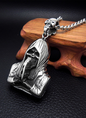 AH7钛钢复古死神骷髅头吊坠项链帅气潮男欧美配饰霸气厚重不掉色