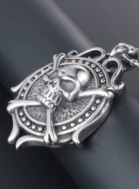 AH7钛钢骷髅头船舵吊坠 潮男时尚厚重复古做旧项链霸气挂件配饰品