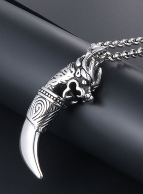 AH7钛钢狼头狼牙吊坠项链男款 复古做旧个性时尚潮流男士首饰品