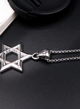 AH7钛钢六芒星吊坠毛衣链项饰品男女情侣款六角星配饰品礼物项链