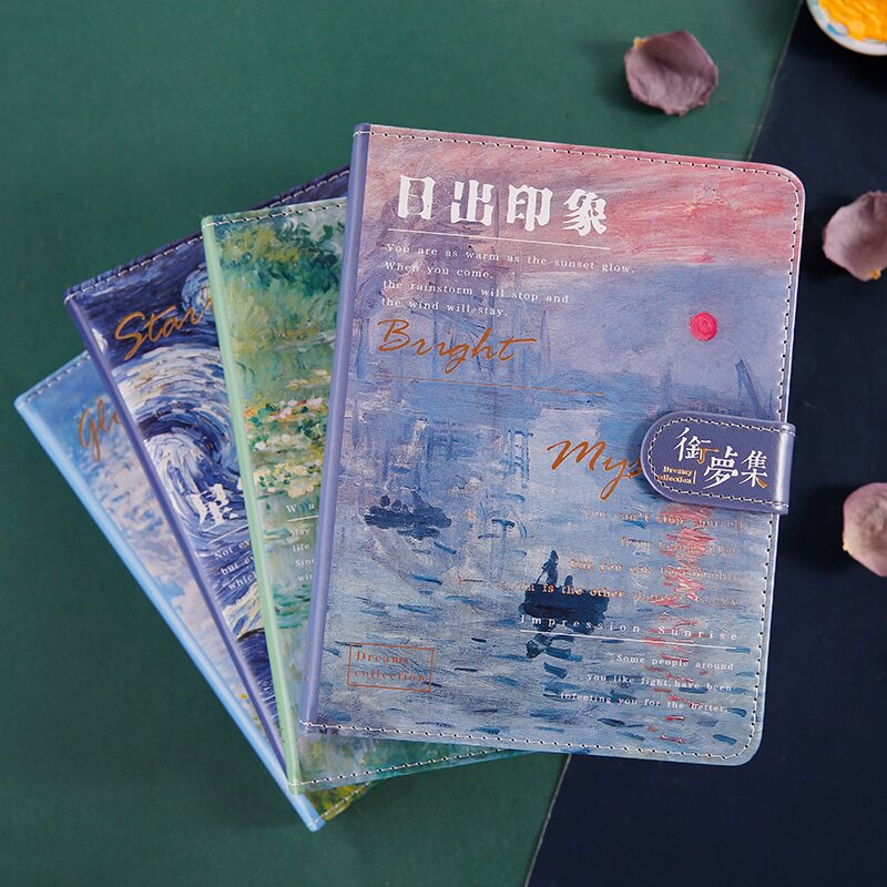 문학적 복고풍 하드 코버 노트북 제목 드림 컬렉션 시리즈 핸드북 VAN GOGH MONET 컬러 유성 풍경 자기 버클 북 일러스트 페이지 색상 페이지