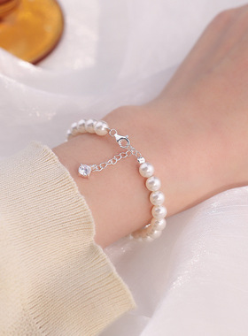 S999足银简约珍珠手链女 法式优雅文艺新款自然几何手饰