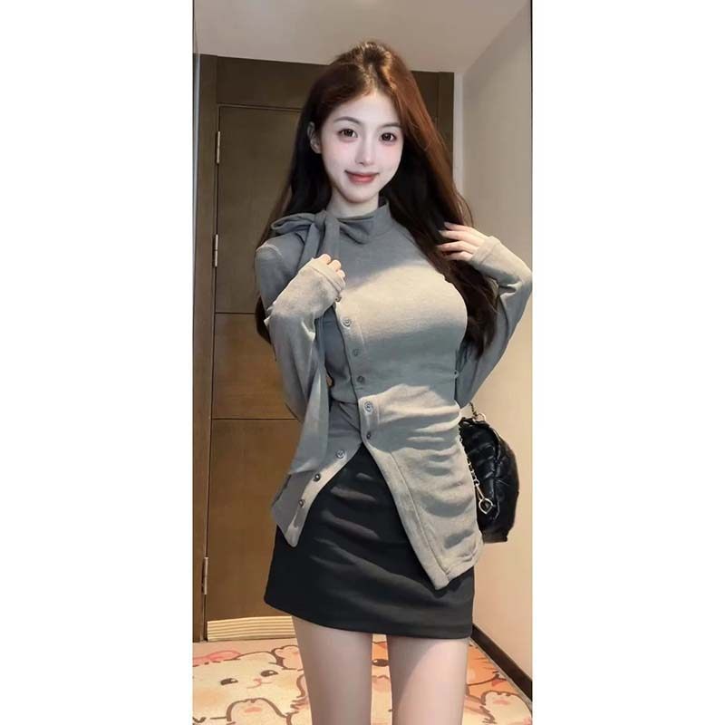 法式半高领绑带衬衫女2025秋冬季新款气质收腰开叉打底衣D4474,淘宝优惠券,粉丝福利购,淘宝优惠卷