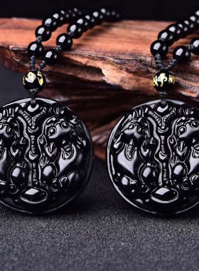 天然黑曜石双貔貅吊坠转运