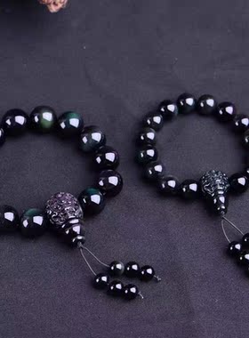 保真天然黑曜石彩虹眼手链男三通手串貔貅佛塔貔貅佛珠手串时尚