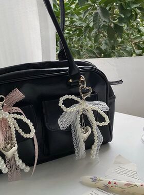1Pcs Sweet Lace Bow Beaded Bow Keychain Phone Charm Strap Pe