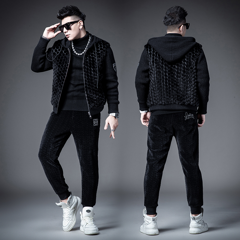 SXF圣希梵2023新款水貂毛皮草男 整貂皮针织袖真貂翻领大衣外套男 - 图0