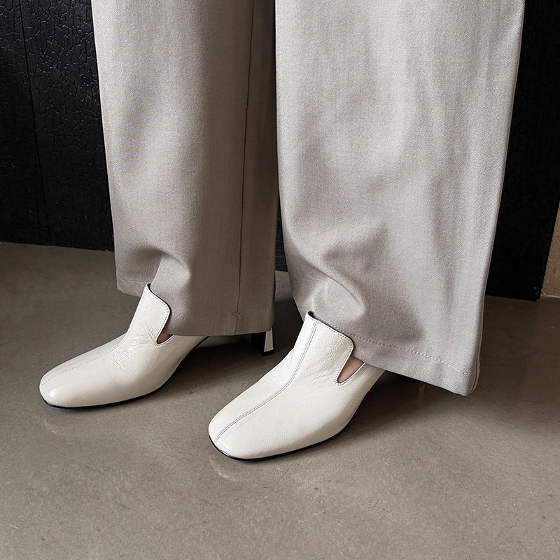 法式方头深口单鞋女粗跟头层牛皮一脚蹬乐福鞋百搭皮鞋高跟米白色,淘宝优惠券,粉丝福利购,淘宝优惠卷