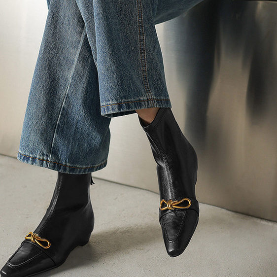 欧美时尚~个性金属扣手工真皮羊皮短靴女单靴低跟平底后拉链方头,淘宝优惠券,粉丝福利购,淘宝优惠卷