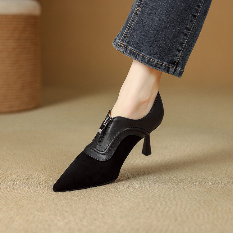 时尚尖头真皮深口单鞋女细跟高跟磨砂皮拼接前拉链百搭通勤鞋显瘦,淘宝优惠券,粉丝福利购,淘宝优惠卷