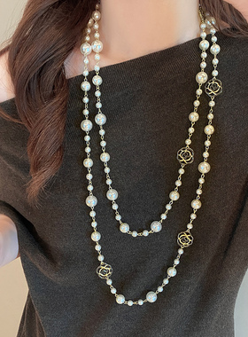 小香风双层叠戴珍珠项链女