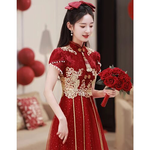 旗袍敬酒服新娘2025新款高级感中式酒红色订婚礼服裙小个子回门服 - 图1
