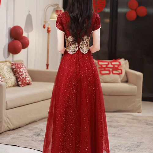旗袍敬酒服新娘2025新款高级感中式酒红色订婚礼服裙小个子回门服 - 图3