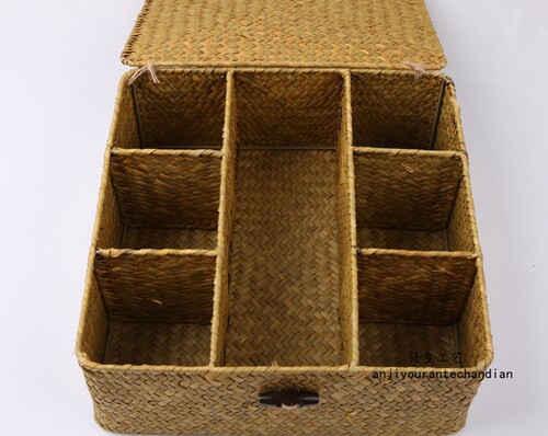 天然海草手工编织带盖收纳篮分格草编收纳筐藤草收纳盒桌面置物篮 - 图0