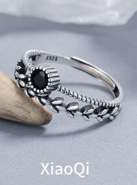 倾色双层麻花戒指女个性黑色锆石微镶S925银开口指环复古时尚指环