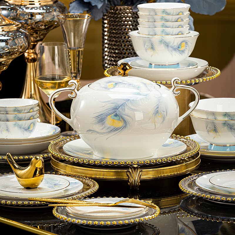 景德镇餐具套装2025新款中式骨瓷新婚碗碟套装家用乔迁送礼碗盘筷