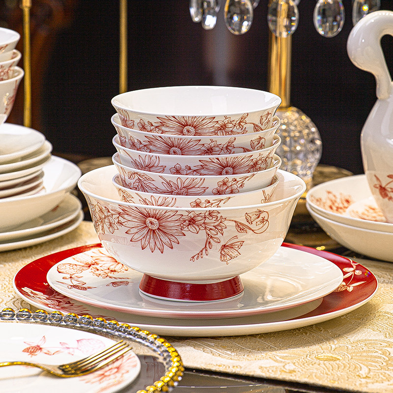 新婚礼物乔迁釉下彩红色骨瓷餐具套装2025新款高级感碗碟套装家用