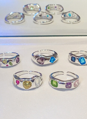 不规则彩钻锆石戒指女小众设个性计欧泊宝石素圈戒指复古开口指环