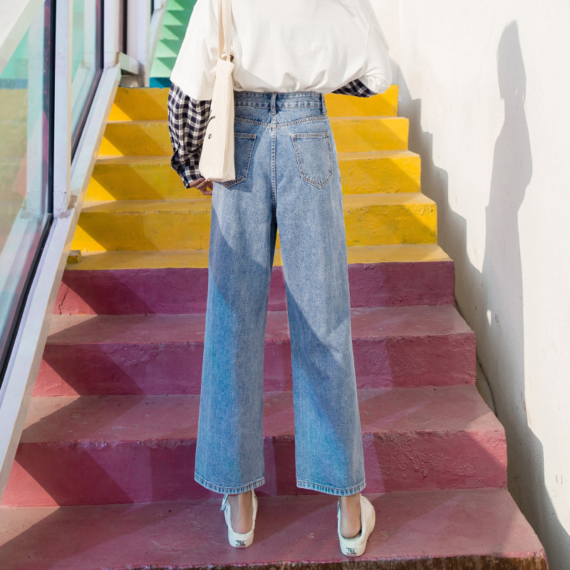 红记旗舰店高腰泫雅显瘦阔腿牛仔裤女垂感宽松小个子九分直筒年夏薄新款1