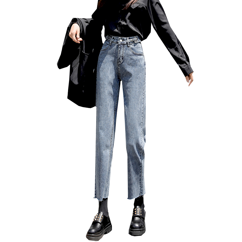 红记旗舰店高腰直筒牛仔裤女宽松年秋装新款百搭显瘦小个子九分烟管裤潮2