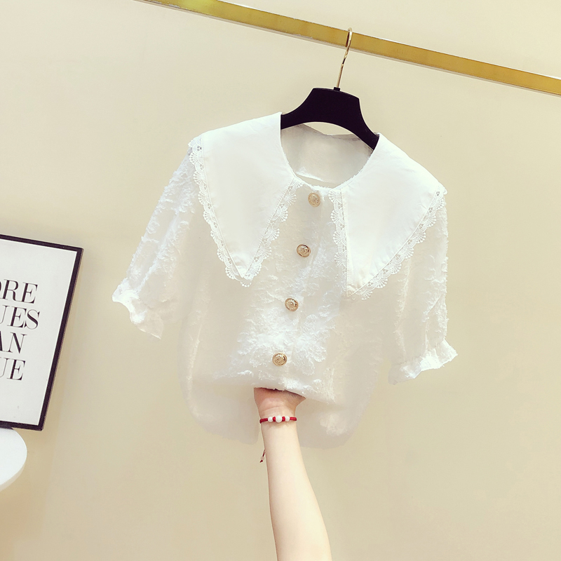 有意思女装168蕾丝花边娃娃领拼接上衣夏小仙女短袖雪纺衫小衫洋气时尚衬衫1