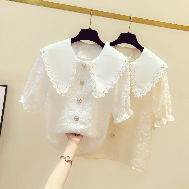 有意思女装168蕾丝花边娃娃领拼接上衣夏小仙女短袖雪纺衫小衫洋气时尚衬衫2
