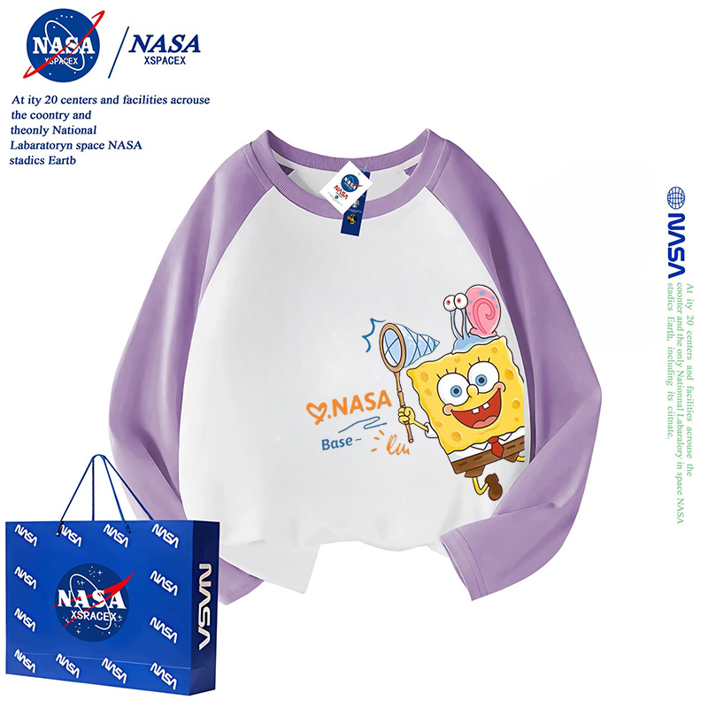 NASA联名海绵宝宝纯棉长袖T恤儿童春秋女童插肩打底衫上衣男童潮 - 图1